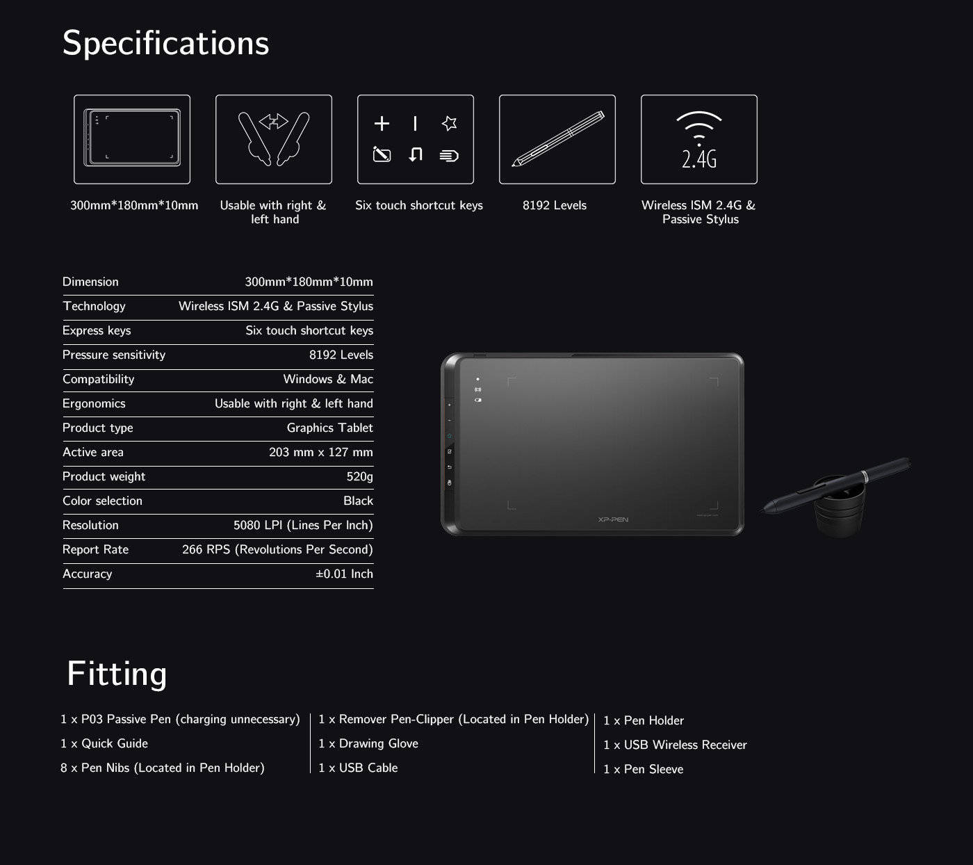 Specifications and fitting of XP-Pen Star 05 wireless drawing tablet