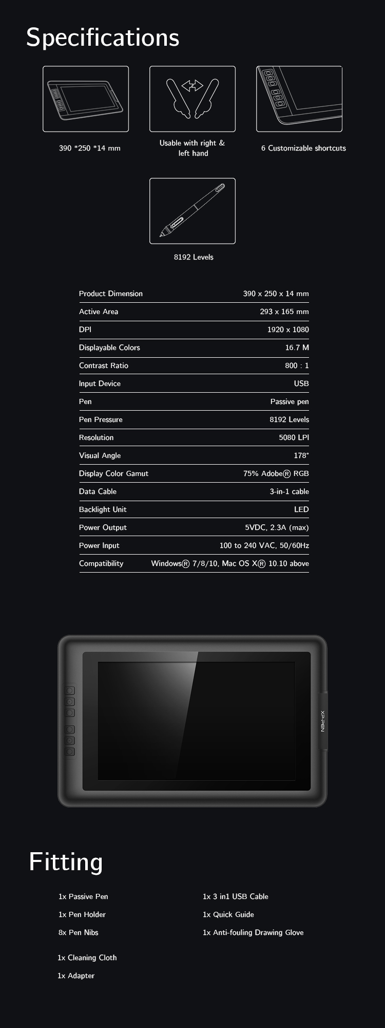  Specification and Fitting of digital painting Screen Tablet Artist 13.3 V2 