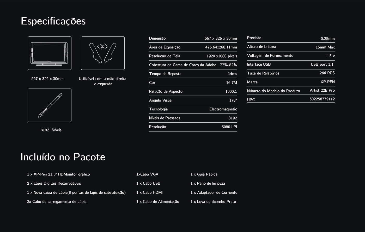  especificações do mesa digitalizadora com tela XP-Pen Artist 22E Pro 