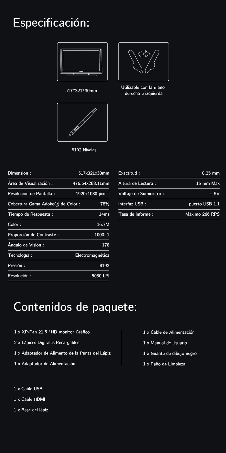 Especificaciones de pantalla gráfica XP-Pen Artist 22 Pro