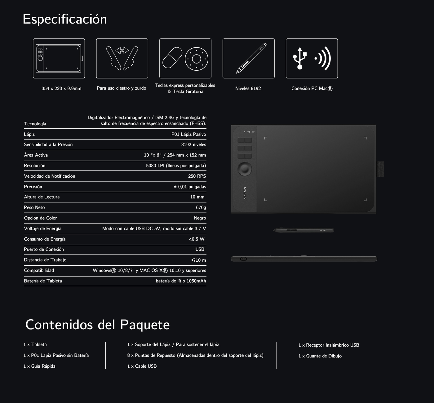 Especificacion deTableta gráfica inalámbrica XP-Pen Star 06